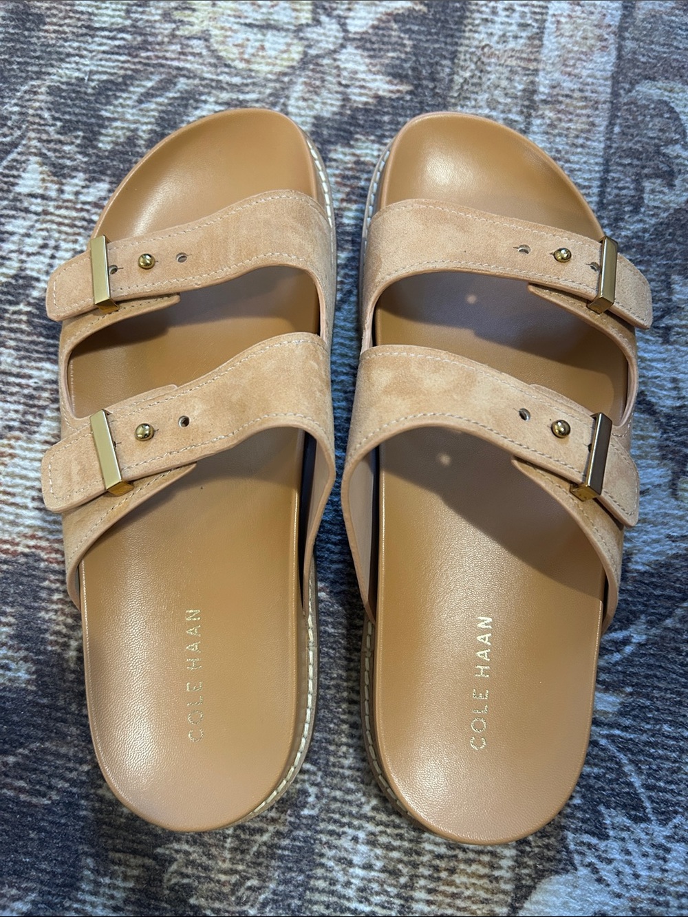 Cole Haan Two-Strap Suede Slide Sandals in Beige with Gold Hardware
